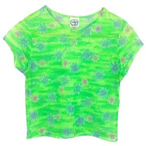 VINTAGE Y2K Neon Green Floral Mesh Stretch Cropped Baby T-Shirt